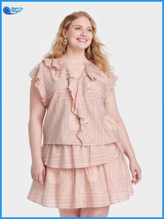 Universal Thread Tops - 1X - Womens Flutter Short Sleeve Blouse - Universal Thread - Pink Paisley - Pink